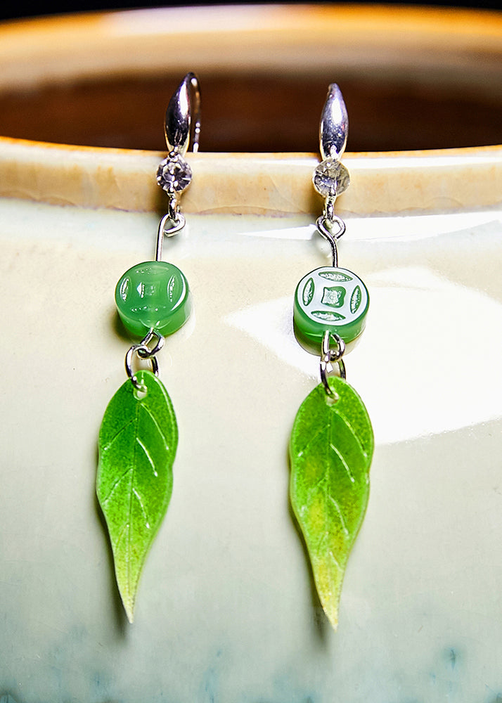 Fashion Zircon Green Leaf Acrylic Drop Earrings