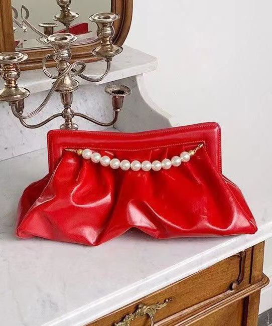 Fashionable Versatile Red Pleated Pearl Handbag