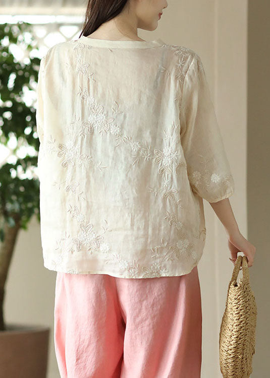 Fine Apricot Embroideried Button Patchwork Linen Top Summer