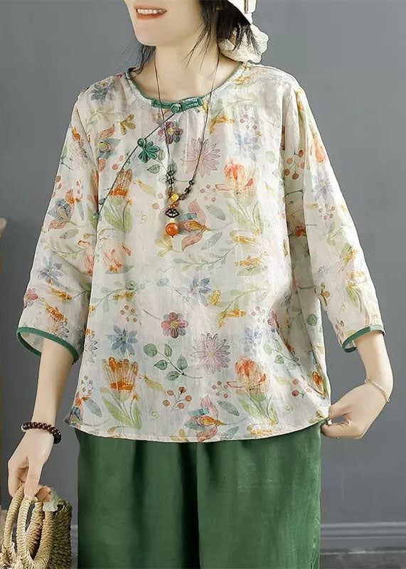 Fine Apricot O Neck Print Button Patchwork Linen Top Summer