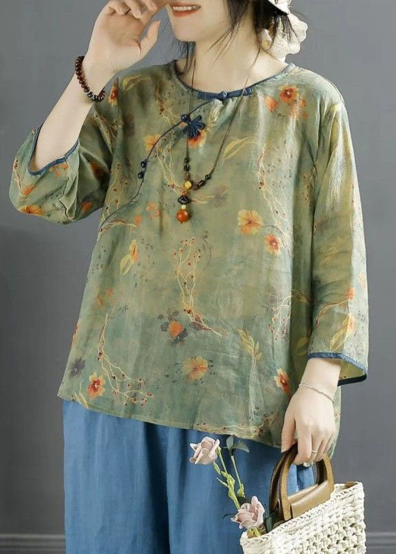 Fine Apricot O Neck Print Button Patchwork Linen Top Summer