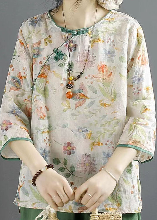 Fine Apricot O Neck Print Button Patchwork Linen Top Summer