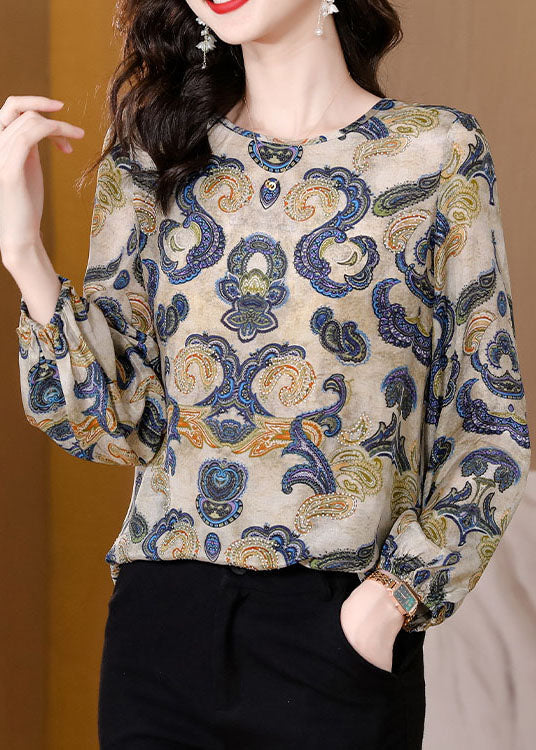 Fine Apricot O Neck Print Patchwork Silk T Shirt Tops Spring