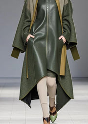 Fine Army Green Asymmetrical Patchwork Faux Leather Fake Two Piece Coat Fall