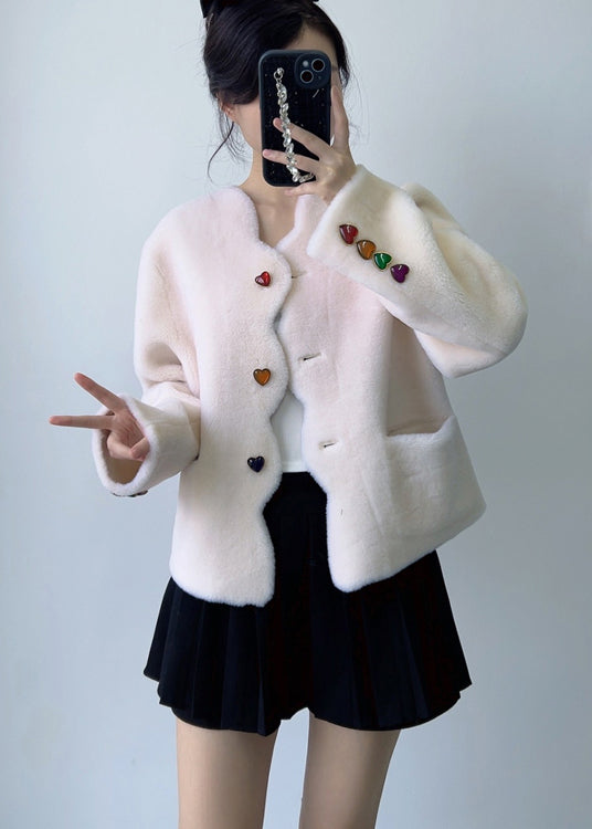 Fine Beige Pockets Heart Button Wool Coats Winter