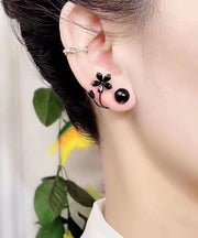 Fine Black Alloy Inlaid Gem Stone Floral Stud Earrings