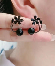 Fine Black Alloy Inlaid Gem Stone Floral Stud Earrings