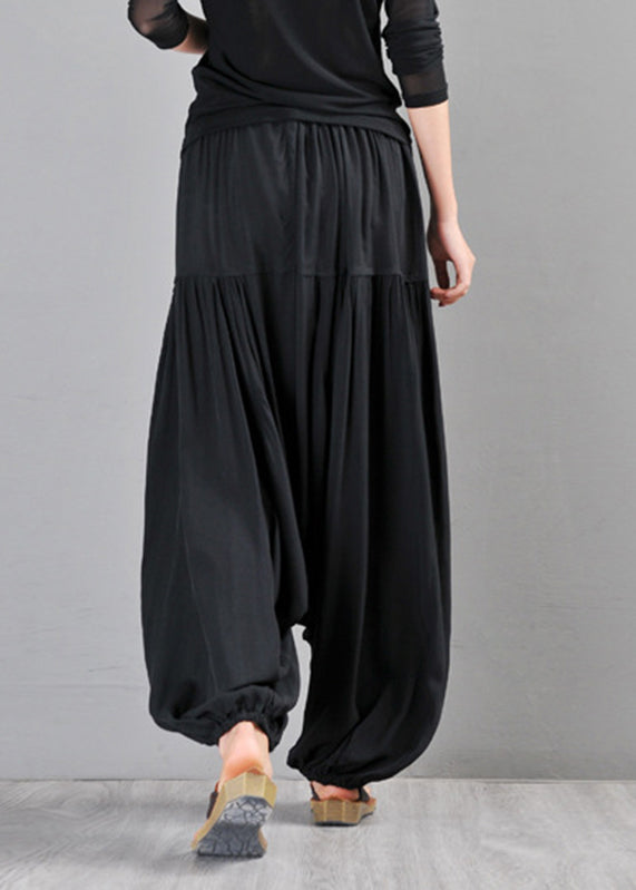 Fine Black Elastic Waist Patchwork Cotton Beam Pants Summer