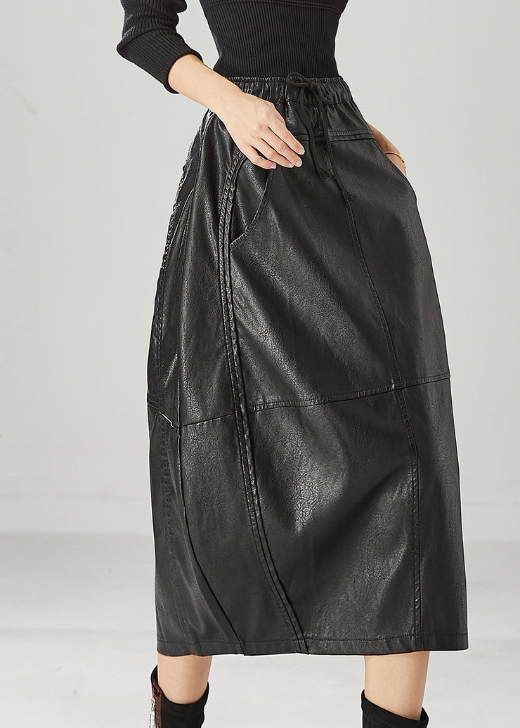 Fine Black Elastic Waist Patchwork Faux Leather Skirts Winter