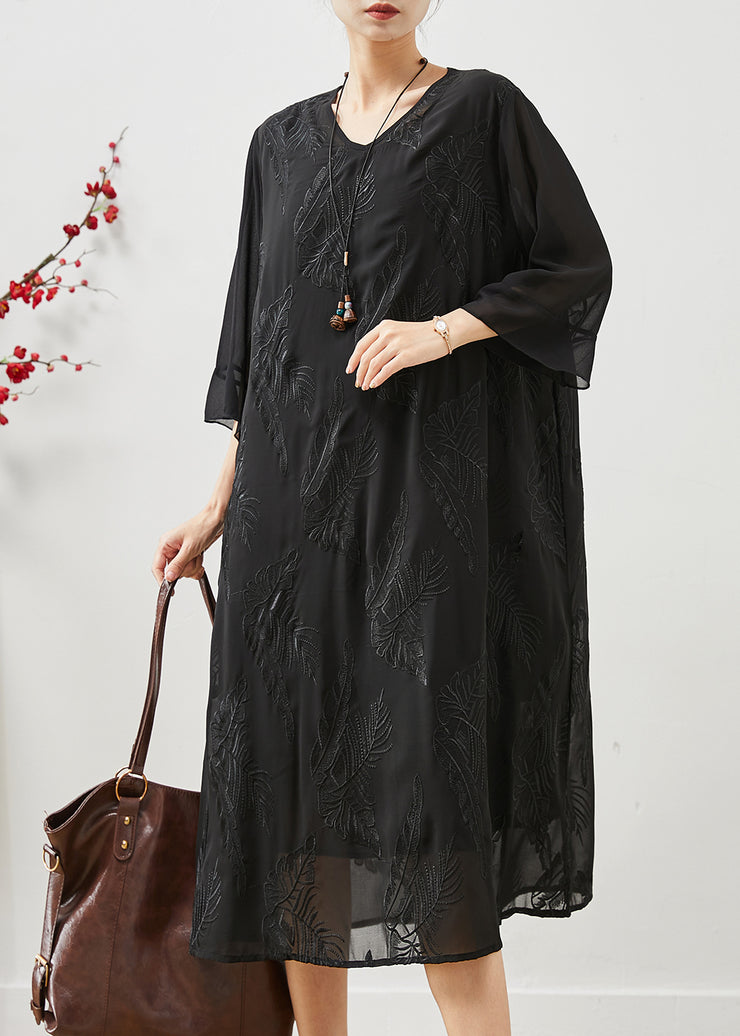 Fine Black Embroidered Chiffon Long Dresses Summer