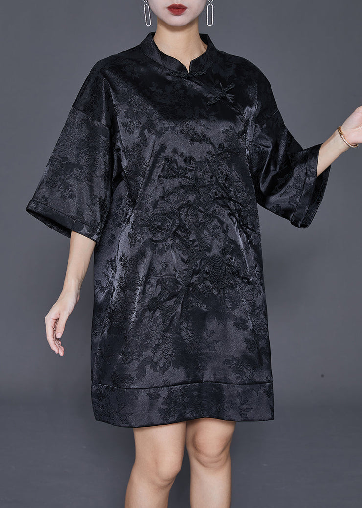 Fine Black Embroideried Chinese Button Silk Mini Dress Half Sleeve