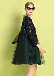 Fine Black Green Ruffled Sequins Bow Patchwork Tulle Mid Dress Summer