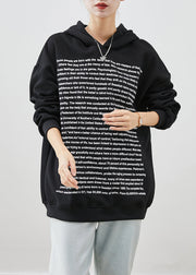 Fine Black Hooded Letter Print Cotton Sweatshirt Streetwear Fall