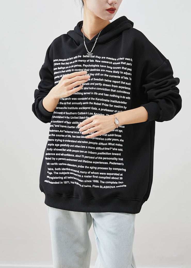 Fine Black Hooded Letter Print Cotton Sweatshirt Streetwear Fall