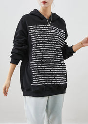 Fine Black Hooded Letter Print Cotton Sweatshirt Streetwear Fall