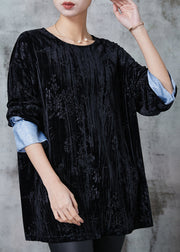 Fine Black Jacquard Patchwork Silk Velour Shirt Top Spring