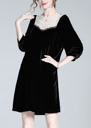 Fine Black O-Neck Lace Patchwork Velour Mid Dress Spring