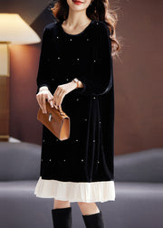 Fine Black O Neck Nail Bead Patchwork Velvet Dress Fall