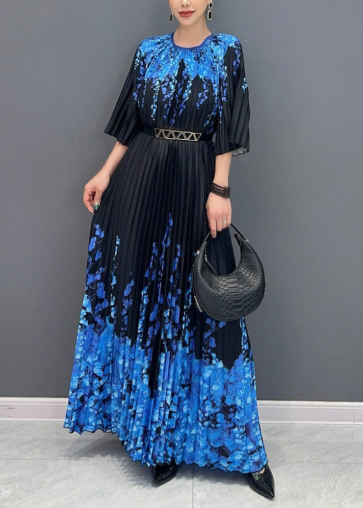 Fine Black O Neck Print Pleated Long Dresses Summer