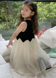 Fine Black O Neck Wrinkled Patchwork Tulle Kids Girls Dress Sleeveless