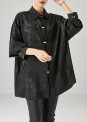 Fine Black Oversized Jacquard Silk Blouse Tops Fall