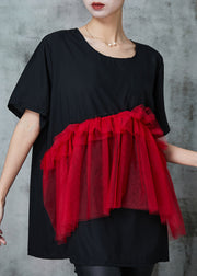 Fine Black Oversized Patchwork Tulle Cotton Tops Summer