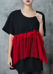 Fine Black Oversized Patchwork Tulle Cotton Tops Summer