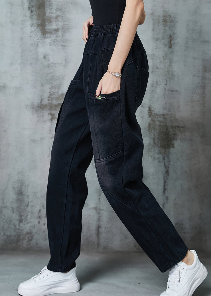 Fine Black Oversized Pockets Denim Harem Pants Spring