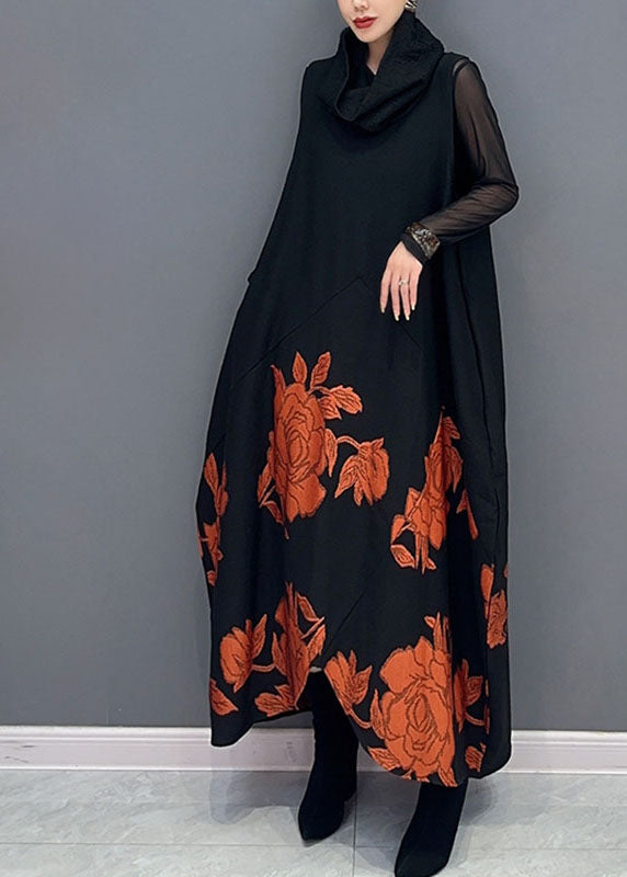 Fine Black Patchwork Orange Turtleneck Print Tulle Patchwork Knit Long Dresses Long Sleeve