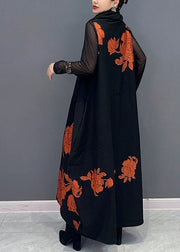 Fine Black Patchwork Orange Turtleneck Print Tulle Patchwork Knit Long Dresses Long Sleeve