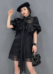 Fine Black Peter Pan Collar Bow Chiffon Long Shirt Tops Lantern Sleeve