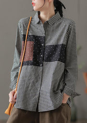 Fine Black Peter Pan Collar Plaid Patchwork Cotton Shirt Fall