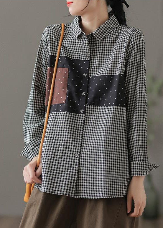 Fine Black Peter Pan Collar Plaid Patchwork Cotton Shirt Fall