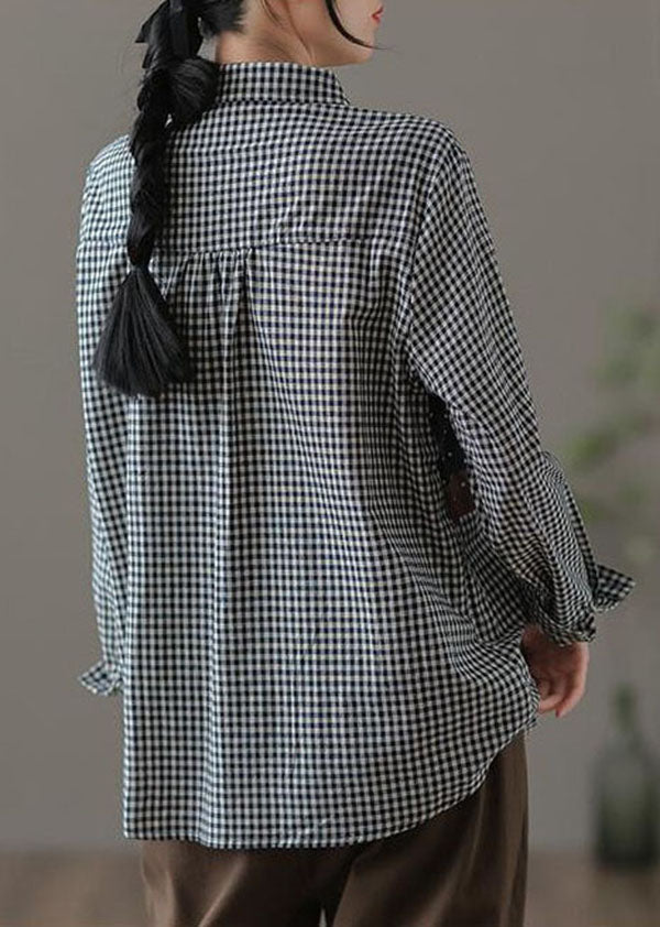 Fine Black Peter Pan Collar Plaid Patchwork Cotton Shirt Fall