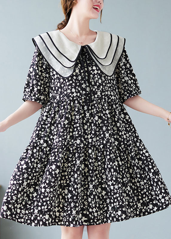 Fine Black Peter Pan Collar Wrinkled Print Patchwork Cotton Mid Dresses Summer