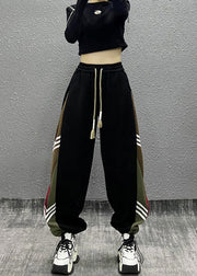 Fine Black Pockets Striped Patchwork Warm Fleece Sport Pants Winter