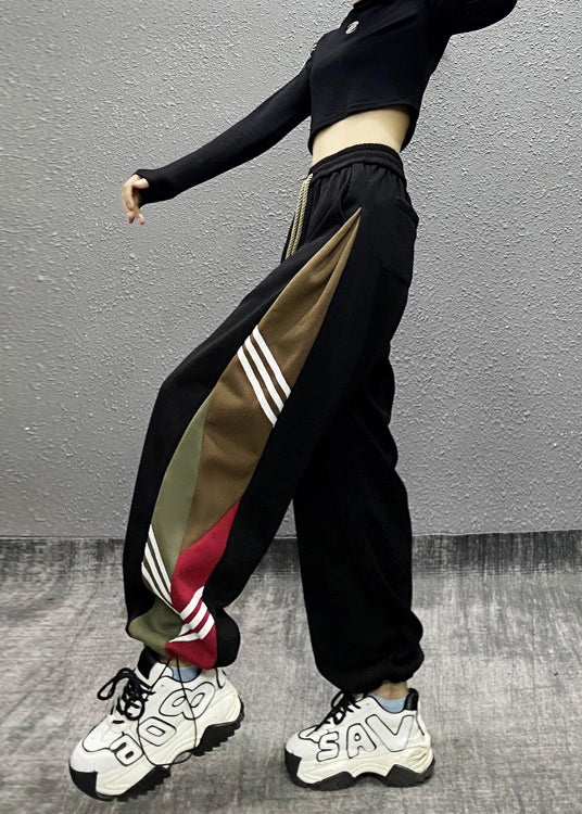 Fine Black Pockets Striped Patchwork Warm Fleece Sport Pants Winter