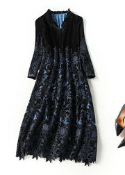 Fine Black Ruffled Embroideried Hollow Out Silk Velour Long Dress Spring