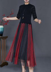 Fine Black Slim Fit Patchwork Tulle Knit Dress Half Sleeve