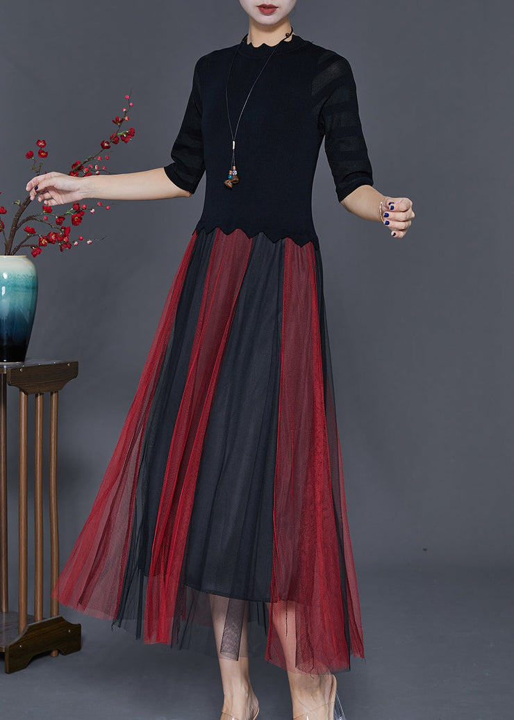 Fine Black Slim Fit Patchwork Tulle Knit Dress Half Sleeve