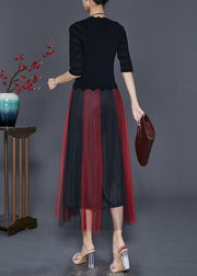 Fine Black Slim Fit Patchwork Tulle Knit Dress Half Sleeve