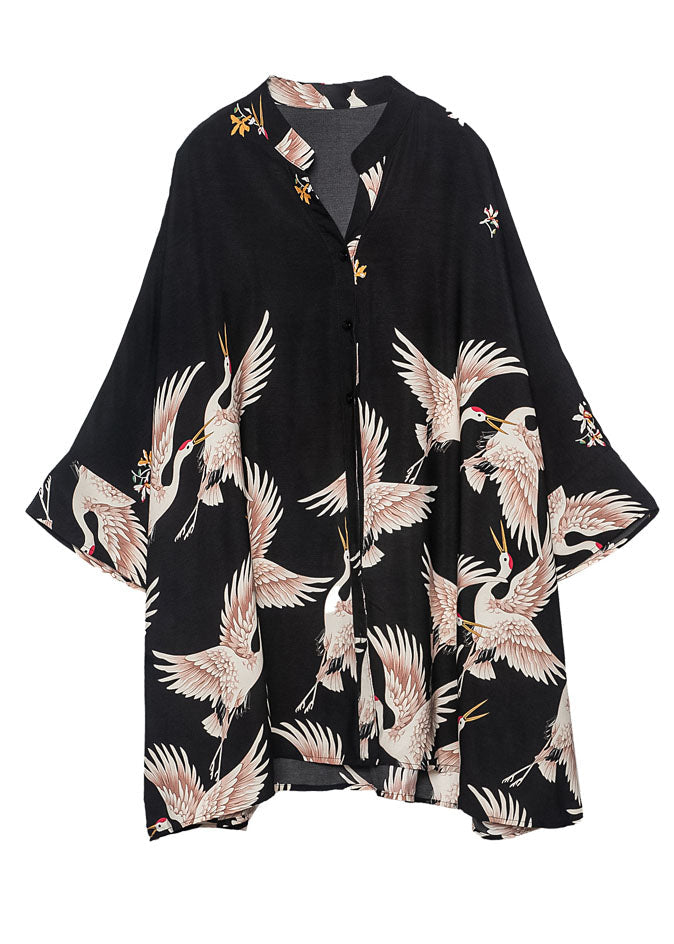 Fine Black Stand Collar Oversized Print Chiffon Top Bracelet Sleeve