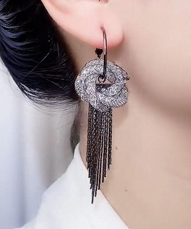 Fine Black Tulle Inlaid Zircon Flowar Tassel Drop Earrings