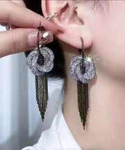 Fine Black Tulle Inlaid Zircon Flowar Tassel Drop Earrings