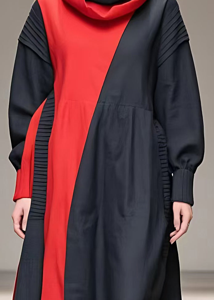 Fine Black Turtleneck Patchwork Party Long Dress Long Sleeve