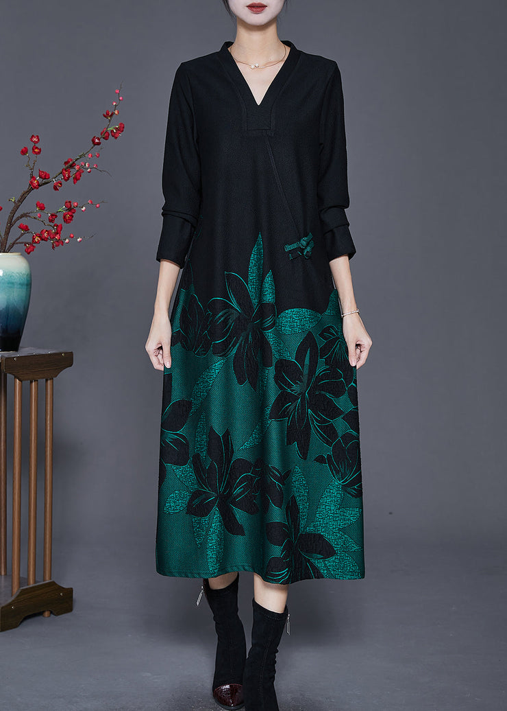 Fine Black V Neck Print Spandex Long Dress Spring