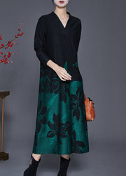 Fine Black V Neck Print Spandex Long Dress Spring