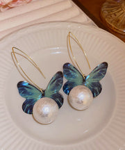 Fine Blue Acrylic Pearl Butterfly Drop Earrings