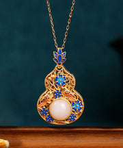 Fine Blue Ancient Gold Jade Enamel Lotus Flower Gourd Pendant Necklace