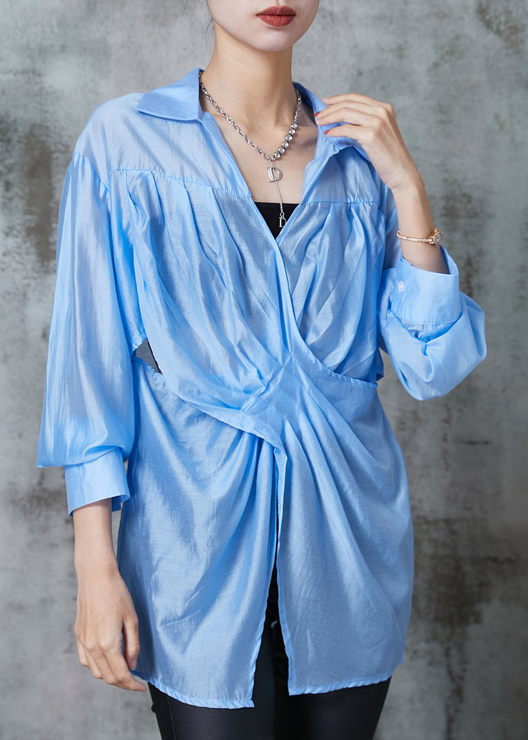 Fine Blue Asymmetrical Wrinkled Linen Blouse Top Summer